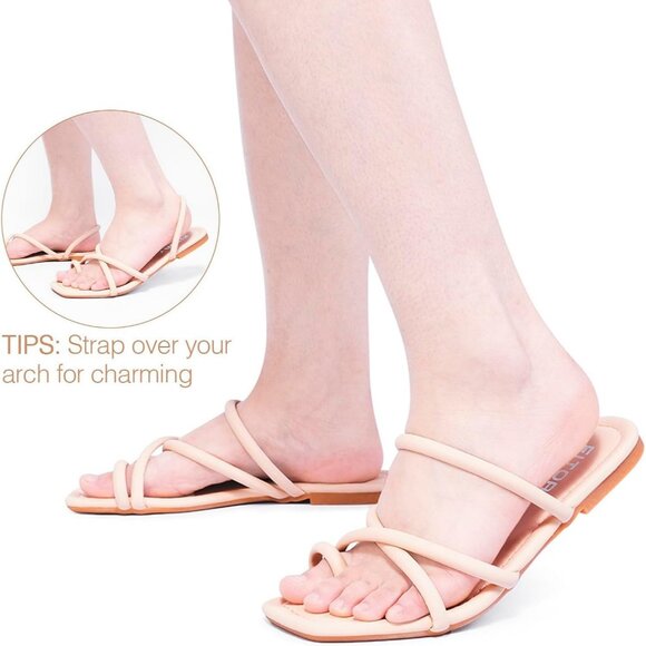 Women's All Cream Soft Flat Toe Ring Style Thongs Cross Strap Slide Sandal Shoes - Picture 5 of 5